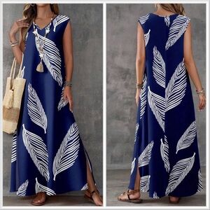 Navy Leaf Print V-Neck Maxi Dress - Casual Summer